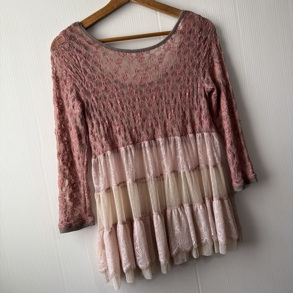 Free People Women XS Pink Lace Tiered Babydoll Tunic Top Boho Fairy Y2K Romantic - Picture 16 of 16
